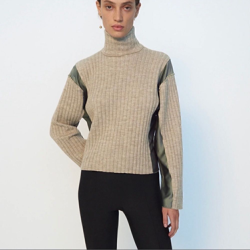 Zara High Collar Ribbed Mixed Media Sweater M